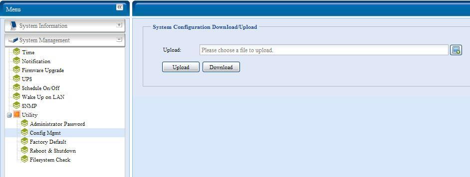 Zapisywanie / odczytywanie konfiguracji sprzętowej Element Opis Download Zapis aktualnej konfiguracji systemu do pliku. Upload Odczyt i import wcześniej zapisanej konfiguracji systemu.