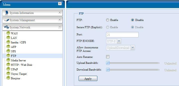 Aby uruchomić serwer FTP należy z menu System Network, wybrać opcję FTP. W oknie FTP można odpowiednio skonfigurować urządzenie pamiętając o zapisie zmian klawiszem Apply.