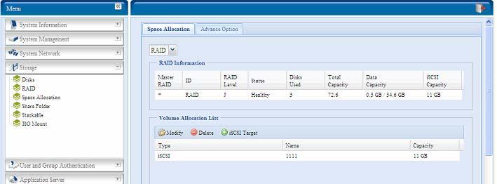 Alokacja przestrzeni dyskowej Dla urządzeń iscsi oraz Target USB można wyznaczyć określoną lokalizację. Dla urządzeń iscsi można wyznaczyć do 5 woluminów w ramach macierzy RAID.