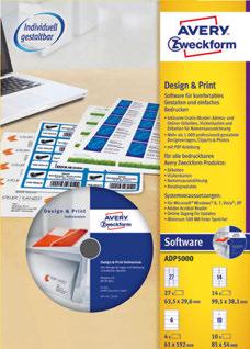 Nr Opis Kolor Zawartość/ Liczba arkuszy Technologia I L K CL NOWE ADP5000 1 CD-ROM z oprogramowaniem Avery Design & Print, 4 darmowe arkusze (etykiety adresowe, etykiety do oznaczania, identyfikatory