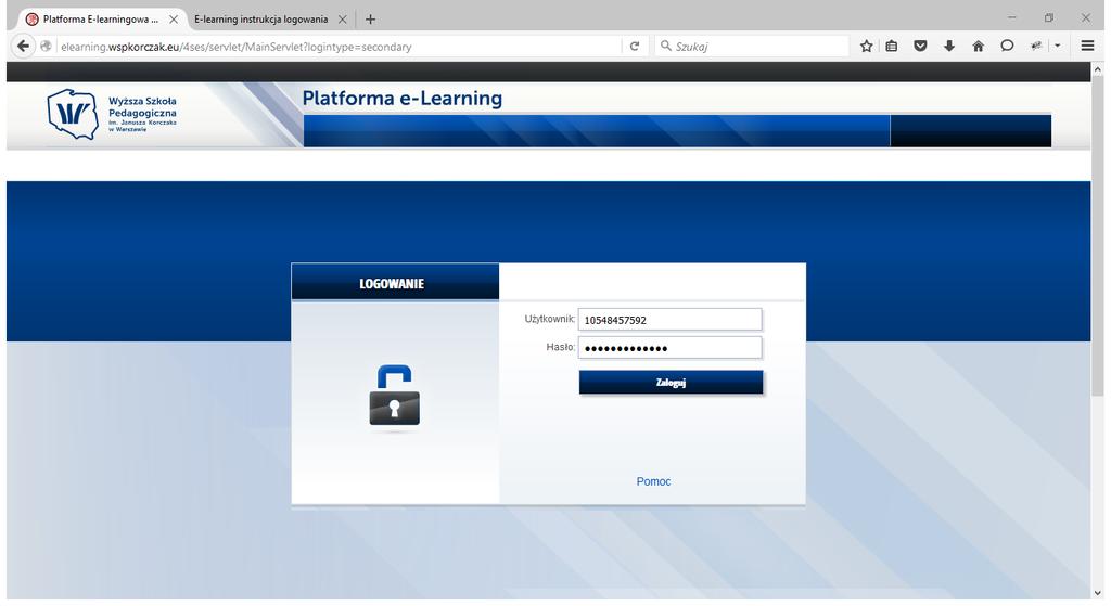 1. Instrukcja logowania do Platformy E-learning: 1. Wejść na stronę http://elearning.wspkorczak.eu/ 2. Kliknąć Formularz logowania 3.