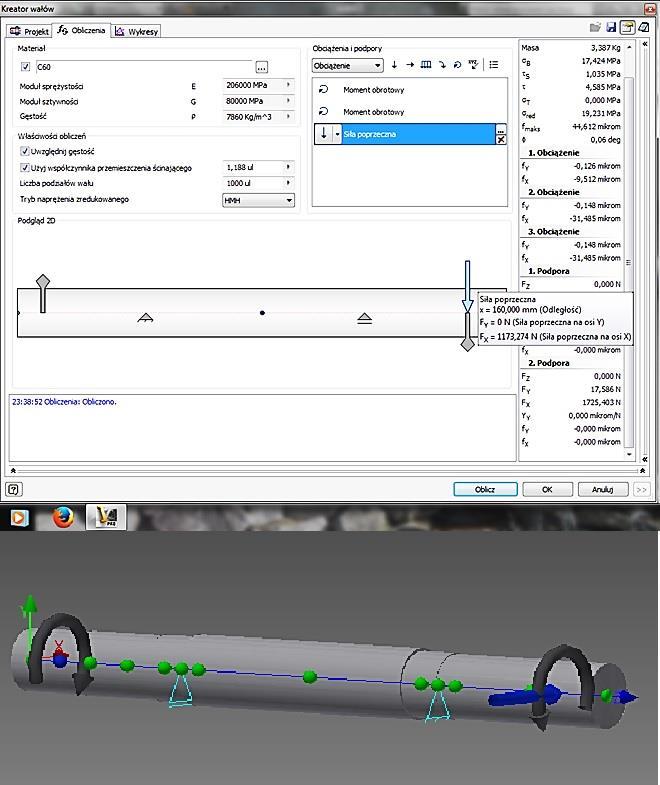 W wyniku wprowadzonych danych otrzymujemy szereg obliczeń inżynierskich, podstawowych parametrów pracy projektowanego wałka np.
