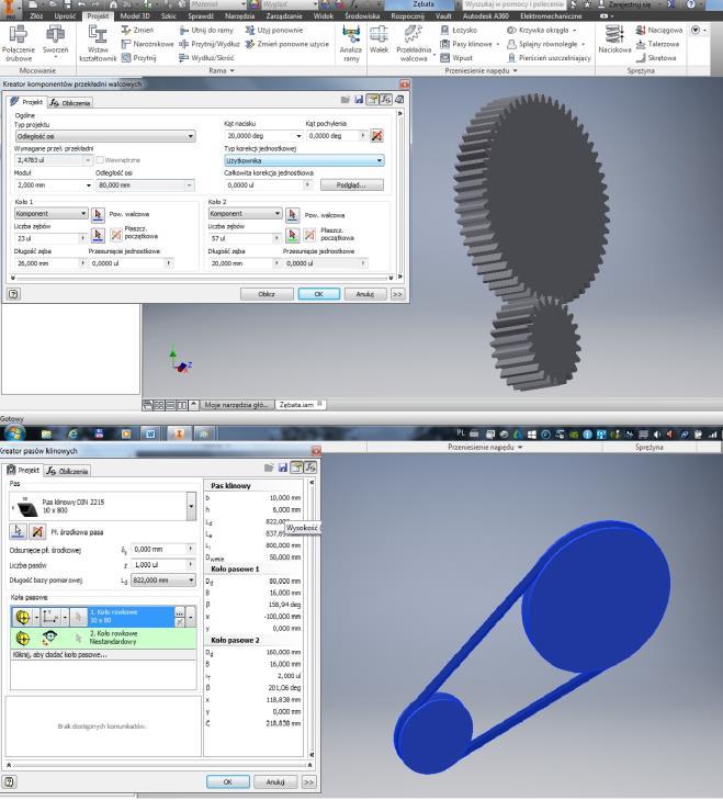 Rys.6. Przykład wygenerowanych przekładni zębatej i pasowej Do zaprojektowanego wału możliwe jest przyłożenia obciążeń i wykonanie niezbędnych obliczeń wytrzymałościowych.