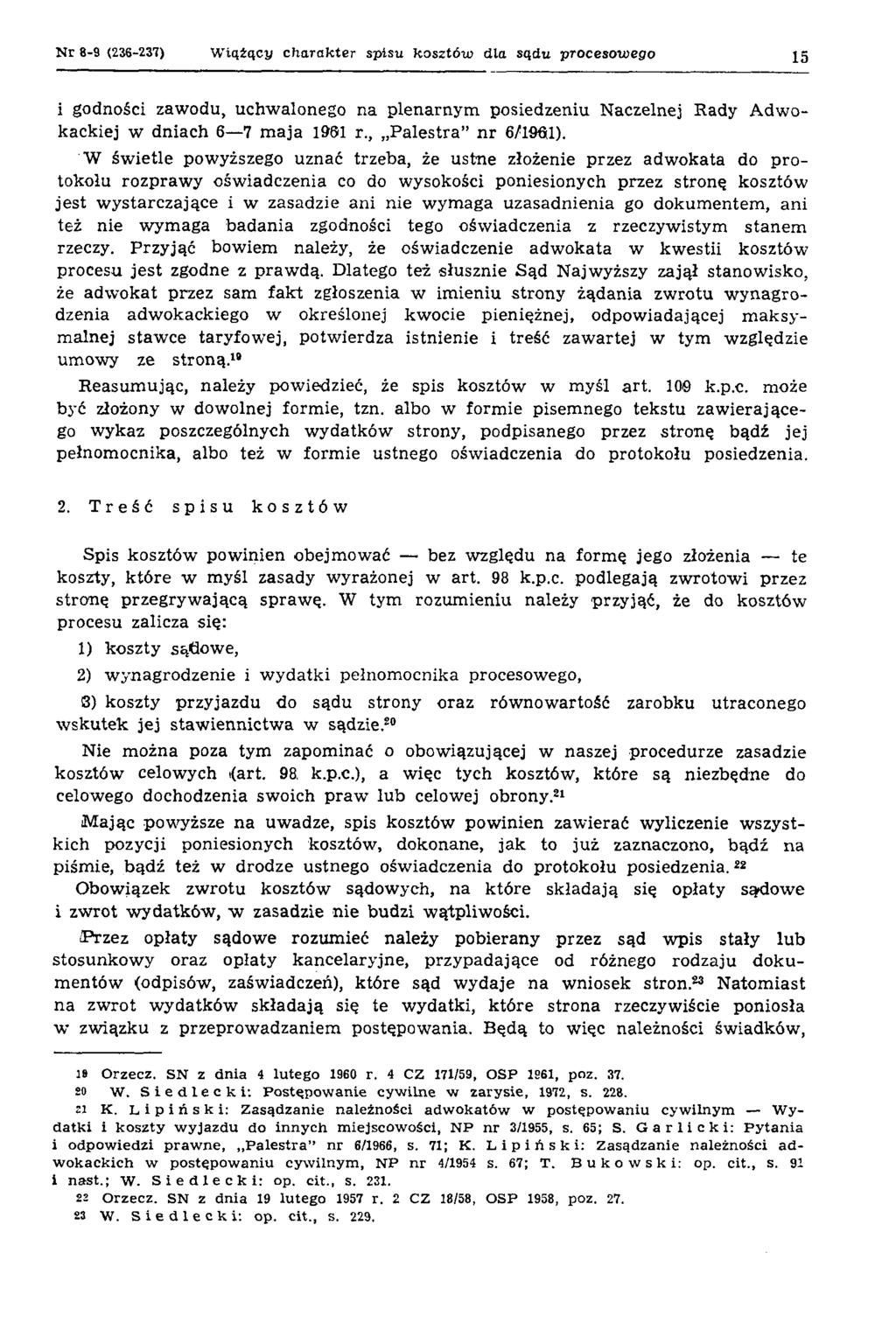 N r 8-9 (286-237) W iążący charakter spisu kosztóu? dla sądu procesowego 15 i godności zawodu, uchw alonego na plenarnym posiedzeniu Naczelnej Rady A dw o kackiej w dniach 6 7 m aja 1961 r.
