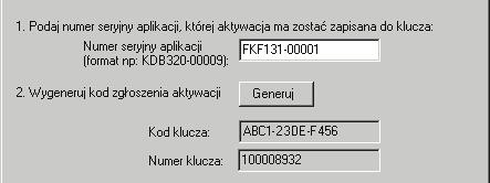 Programowanie klucza sprzętowego 21 W polu Numer seryjny aplikacji wpisać numer seryjny produktu, składający się z symbolu produktu oraz - po myślniku - pięciu kolejnych cyfr numeru, a następnie