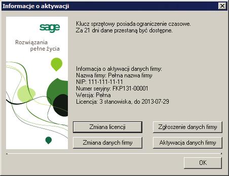 Praca z wykorzystaniem klucza sprzętowego 25 Rys. 19 Okno Informacja o aktywacji z ograniczeniem czasowym.