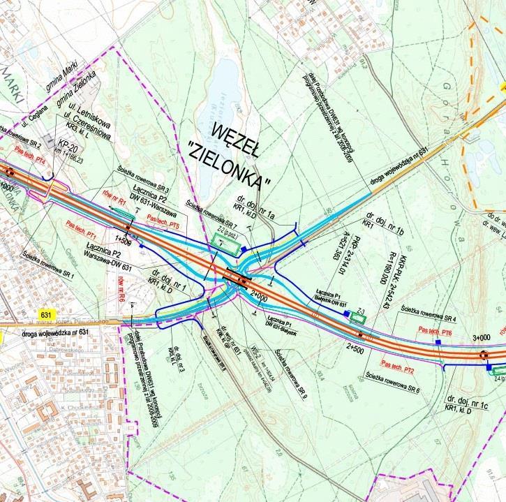 Węzły obsługujące Miasto Marki Węzeł Zielonka Węzeł Karo Trasa główna prowadzona wiaduktem, rondo poniżej Włączenie do Miasta poprzez DW 631: Ul. Główną - istniejącą (ul. Bagienna - nieistniejąca) Ul.