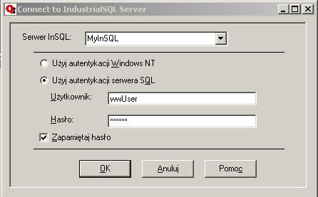 Po wybraniu polecenia program będzie wymagał podania serwera InSQL oraz ID i hasła