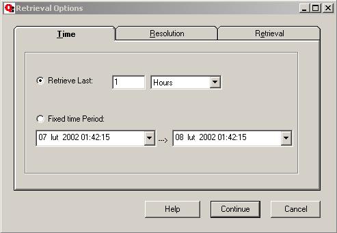 W zakładce Time określa się względny lub bezwzględny zakres czasu, za jaki chcemy pobrać dane, w zakładce Resolution określa się ilość rekordów lub interwał pobieranych danych, w zakładce Retrieval