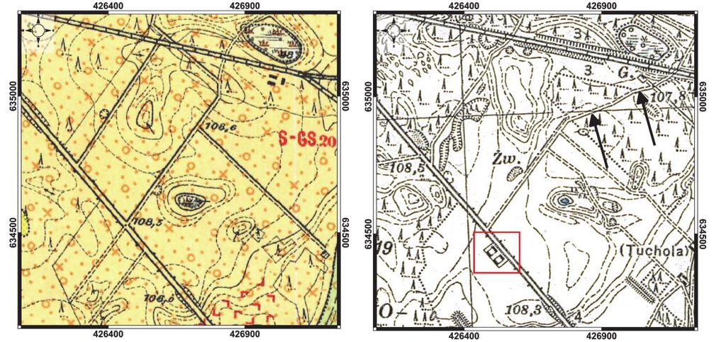 188 DAWID KOBIAŁKA, MIKOŁAJ KOSTYRKO, KORNELIA KAJDA Ryc. 8. Fragmenty map z 1905 r. (lewa) i 1933 r. (prawa) przedstawiających miejsce lokacji obozu w Tucholi (czerwoną barwą oznaczono zabudowania).