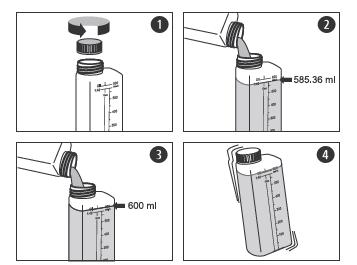 2. Wlej do pojemnika benzyny bezołowiowej do poziomu 585,36ml. 3. Dopełnij do poziomu 600 ml olejem do silników dwusuwowych. 4. Nałóż i dokręć korek.