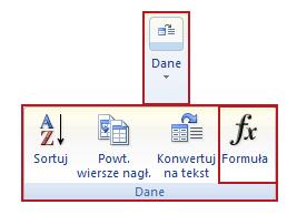 11 - ustawiamy kursor w komórce w której chcemy uzyskać sumę liczb z komórek leżących wyżej i z grupy Dane, z karty Układ wybieramy przycisk Formuła i w okienko wpisujemy