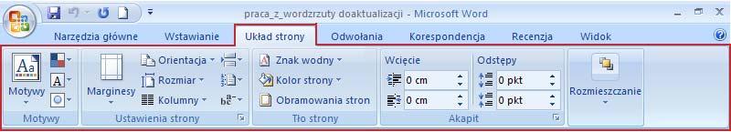 Zmiana powiększenia pola dokumentu Dostosowanie wielkości pola dokumentu odbywa się w okienku Powiększenie znajdującym się w prawym, dolnym rogu okna programu.