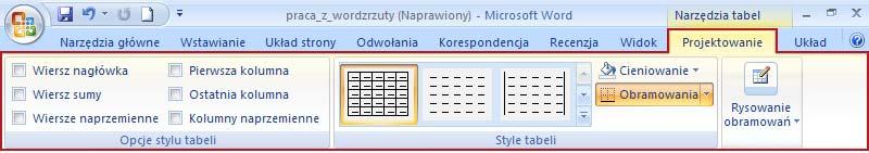 8 Wstawianie dodatkowych wierszy do tabeli: - wstawiamy kursor w ostatnią komórkę i naciskamy klawisz Tab, lub - klikamy PPM na komórce i wybieramy Wstaw, lub -wstawiamy kursor w odpowiednią komórkę