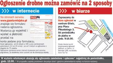 DASZYŃSKIEGO lokal handlowy 80 m, do wynajęcia. Tel. 601-416-655. Do wynajęcia pół domu, Gliwice i domek do remontu w Zabrzu. Tel. 514-668-400. Do wynajęcia trzy pokojowe mieszkanie. Tel. 50-10-994.