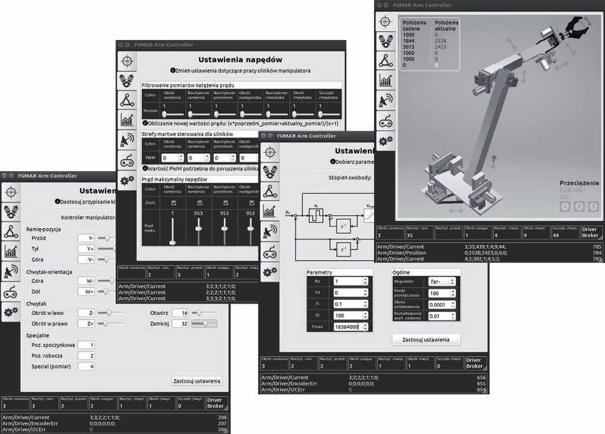 Damian Dudek, Robert Kazała, Paweł Strączyński Rys. 12. Okna aplikacji służącej do kontroli manipulatora Fig. 12. Windows application used to control the manipulator zabezpieczenie przeciw nadmiernej wartości błędu całkowania (ang.