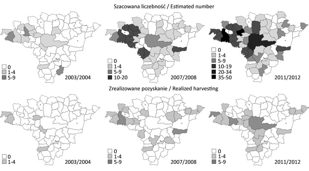 Najwięcej jenotów inwentaryzowano w zachodniej części okręgu oraz w obwodach zlokalizowanych w pobliżu Krakowa, gdzie były wykazywane w każdym sezonie (ryc. 3). 25