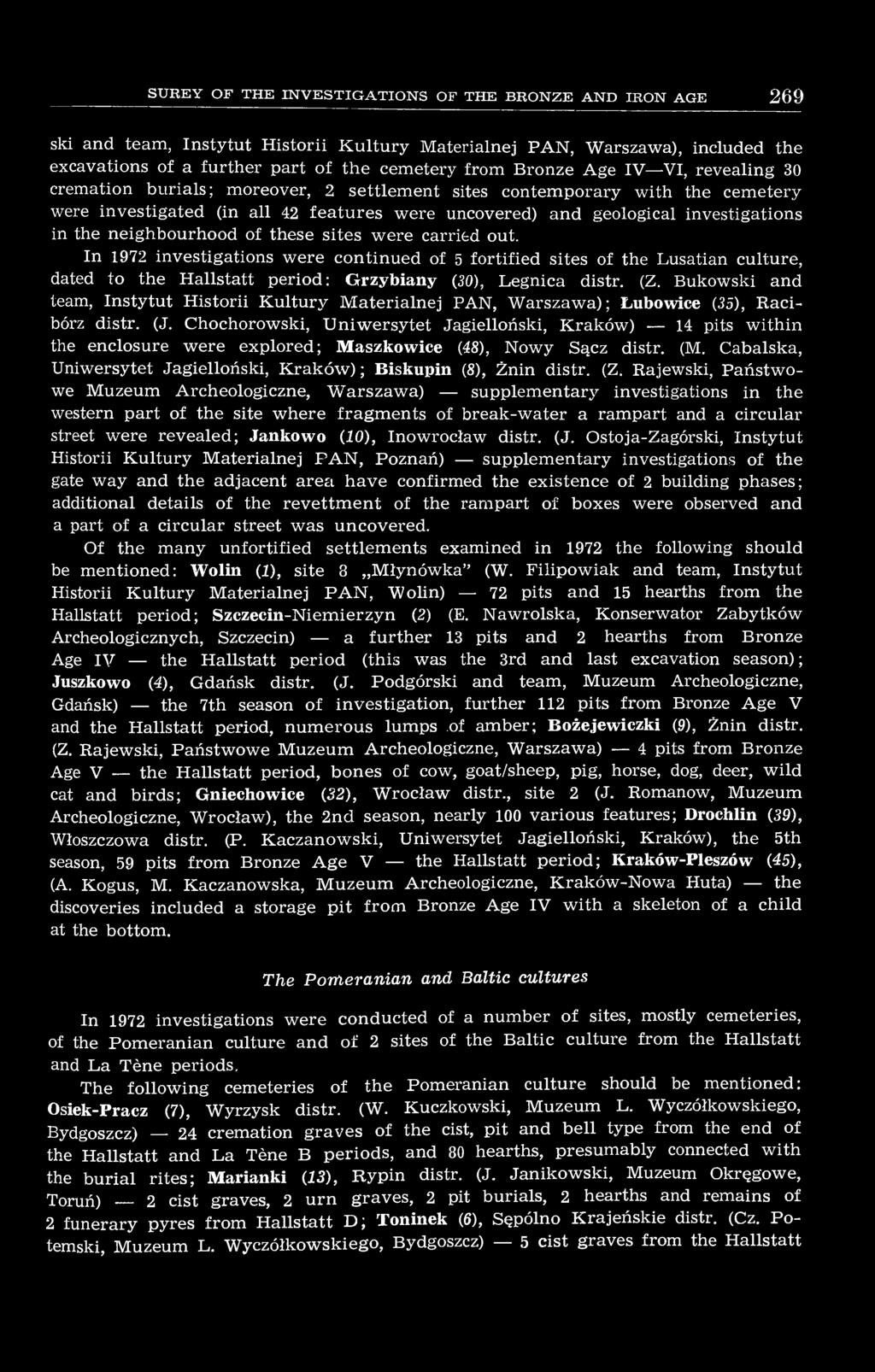 neighbourhood of these sites were carried out. In 1972 investigations were continued of 5 fortified sites of the Lusatian culture, dated to the Hallstatt period: Grzybiany (30), Legnica distr. (Z.