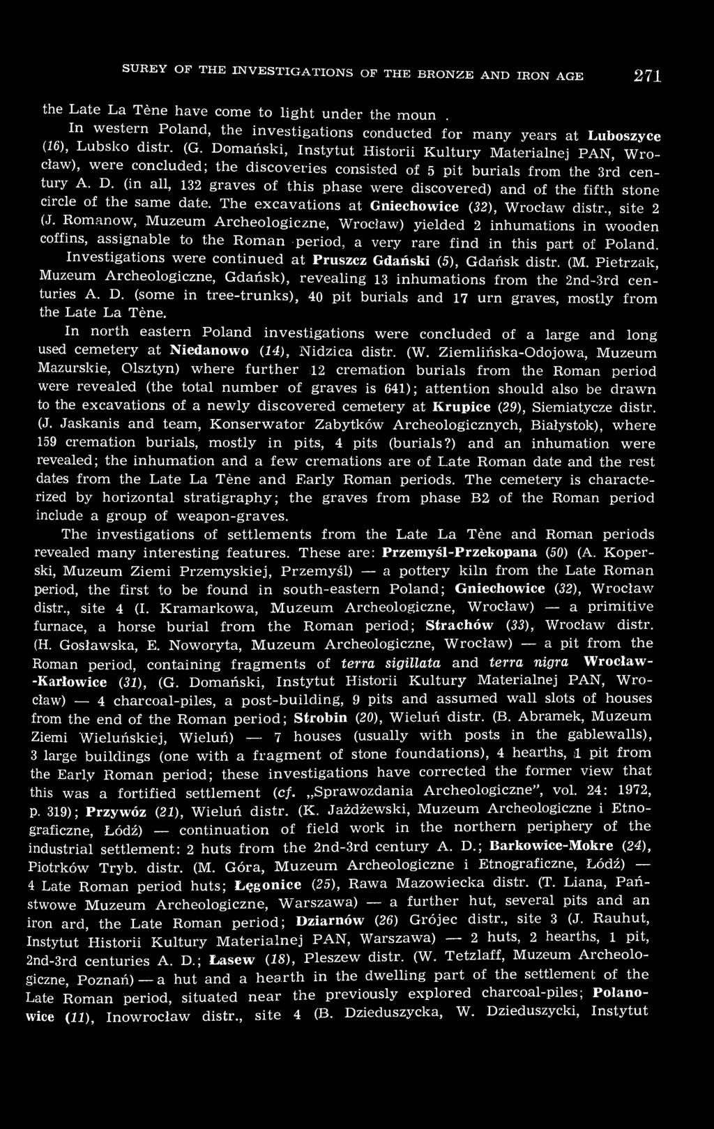 Domański, Instytut Historii Kultury Materialnej PAN, Wrocław), were concluded; the discoveries consisted of 5 pit burials from the 3rd century A. D.