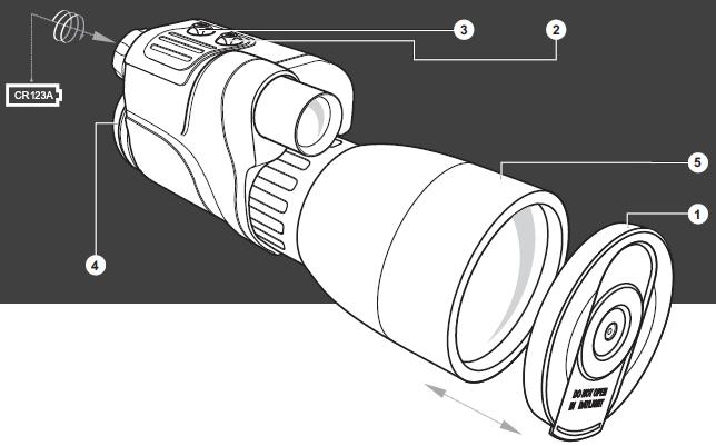 5. Używanie i testowanie urządzenia Twój noktowizor NV 5x60 działa dzięki jednej baterii typu CR123A.