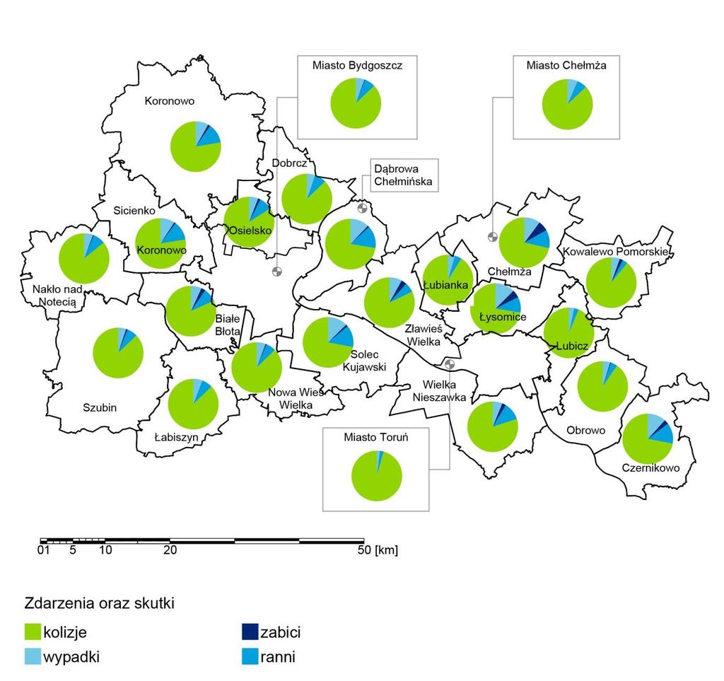 Mapa 39. Stan bezpieczeństwa w ruchu drogowym na terenie BTOF w 2011 i 2012 r.