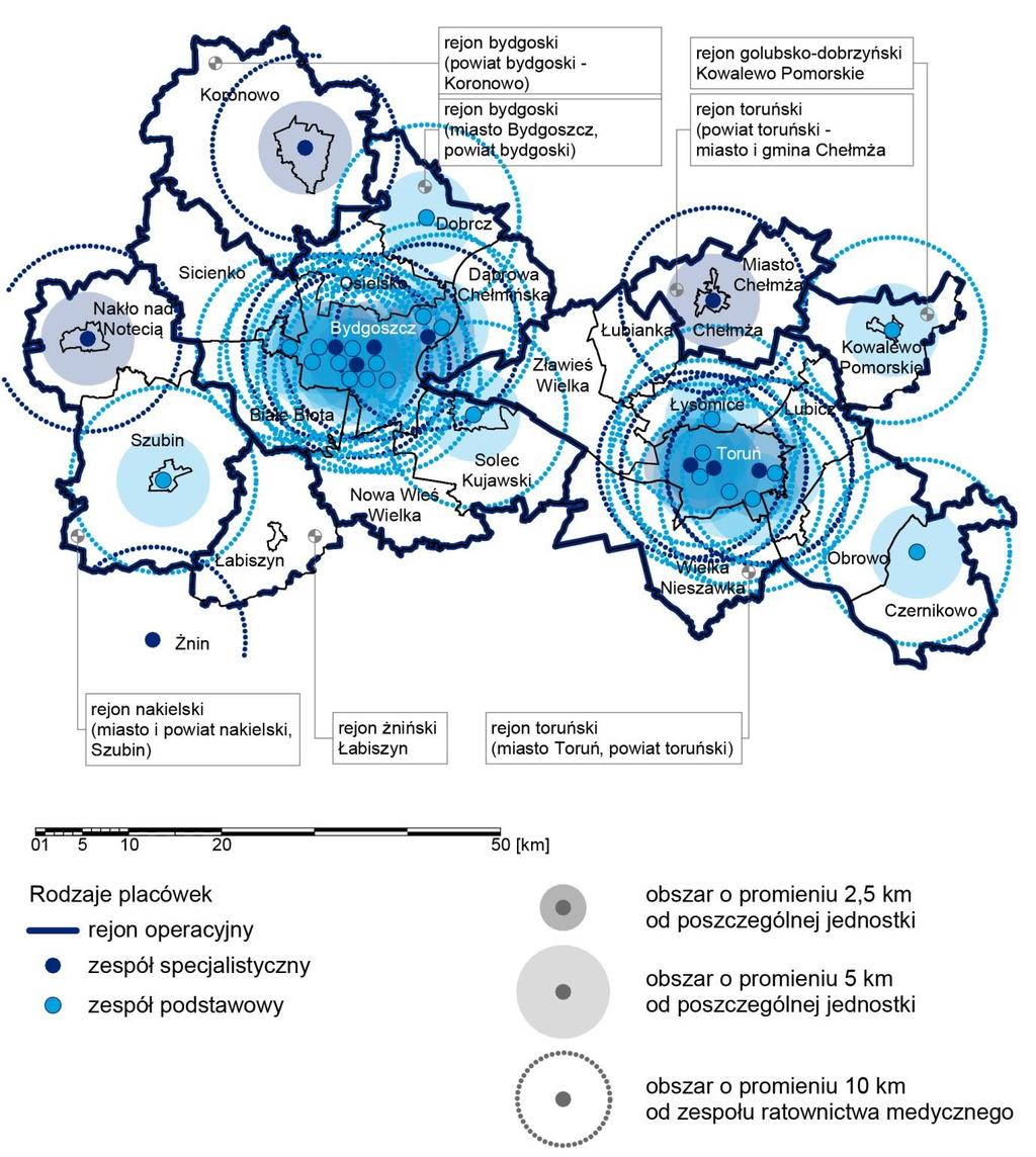 Mapa 43. Ratownictwo Medyczne na terenie BTOF (stan na 2012 r.) Źródło: Opracowanie własne na podstawie www.bip.bydgoszcz.uw.gov.