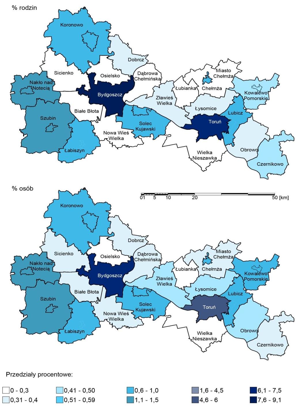 Mapa 46. Korzystajacy z pomocy w ogólnej liczbie osob w wojewodztwie (stan na 2012 r.