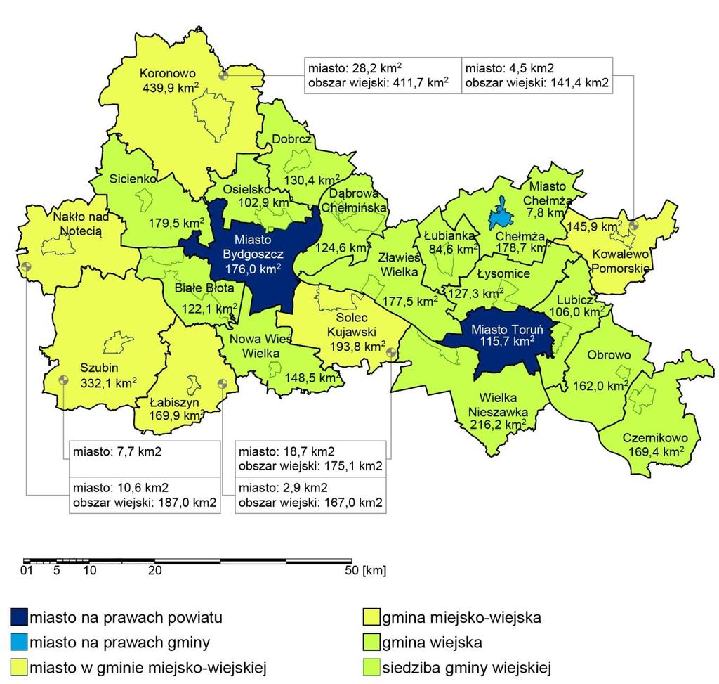 Mapa 1. Statusy jednostek na terenie BTOF i ich obszar (stan na 2012 r.