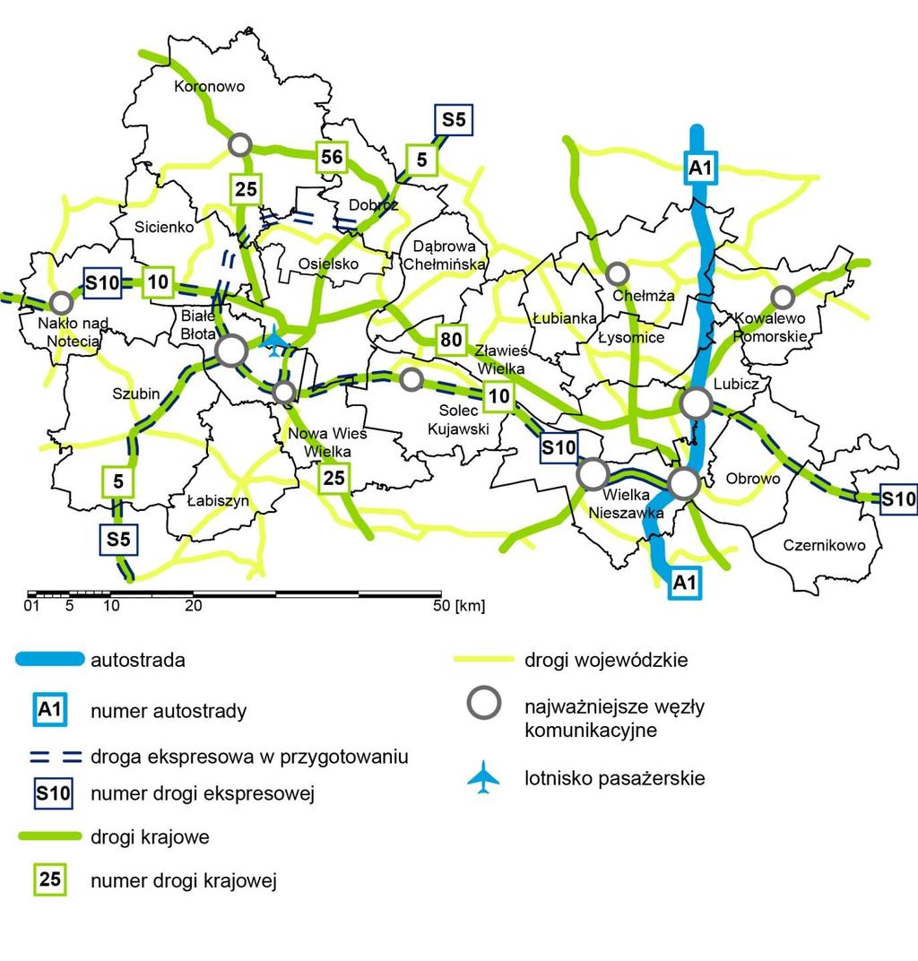 Mapa 51. Sieć drogowa na terenie BTOF (stan na 2014 r.) Źródło: Opracowanie własne na podstawie GDDKiA, Wojewódzki Zarząd Dróg w Bydgoszczy oraz www.maps.google.