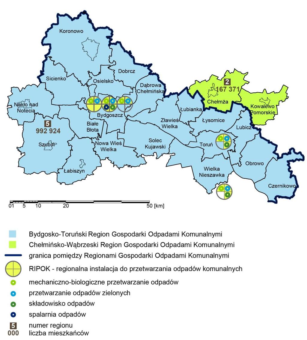 Mapa 65. Regiony gospodarki odpadami komunalnymi na terenie BTOF (stan na 2013 r.