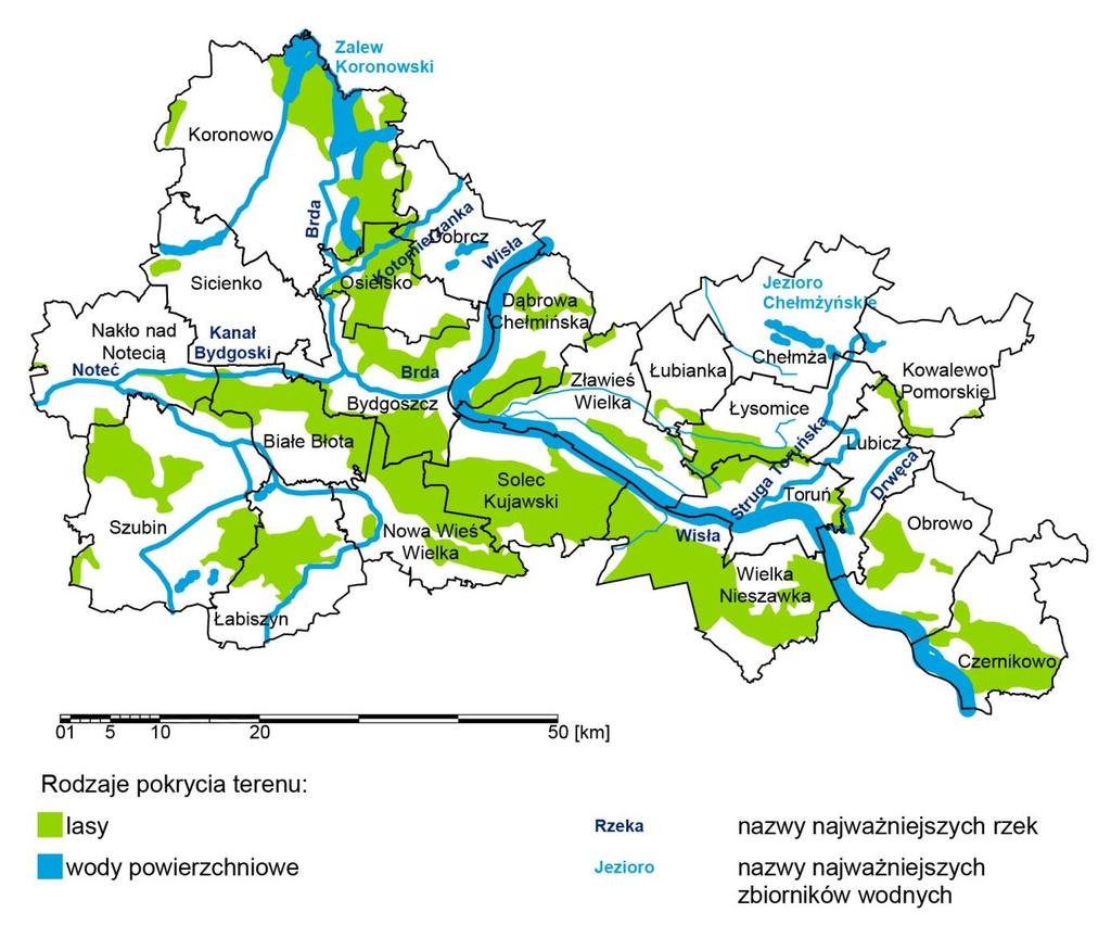 Mapa 9. Lasy i wody powierzchniowe w BTOF (stan na 2013 r.) Źródło: Opracowanie własne na podstawie www.nasze.kujawsko-pomorskie.