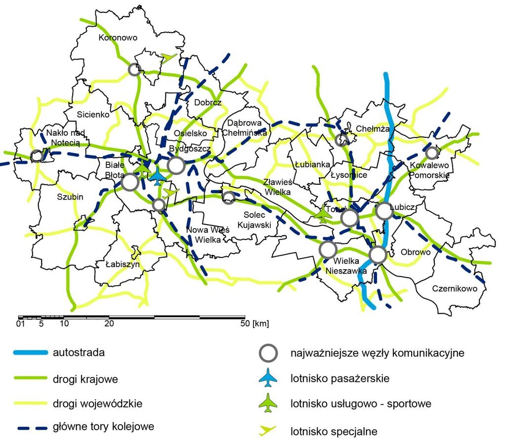 Mapa 10. Szlaki komunikacyjne w BTOF (stan na 2013 r.) Źródło: Opracowanie własne na podstawie GDDKiA, Wojewódzki Zarząd Dróg oraz www.maps.google.