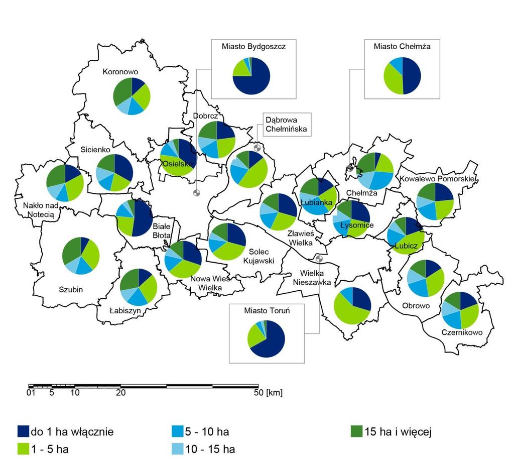 Wykres 2. Podział gospodarstw rolnych na terenie Bydgosko Toruńskiego Obszaru Funkcjonalnego ze względu na wielkość gospodarstwa (stan na 2010 r.