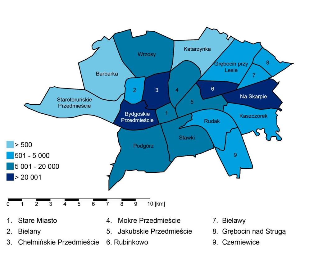 W Toruniu najwięcej osób zamieszkuje na Chełmińskim Przedmieściu (35,9 tys. osób), Rubinkowie (26,5 tys. osób) i Bydgoskim Przedmieściu (ok. 25 tys. osób). Natomiast najmniej osób mieszka na Barbarce (7 osób) i Katarzynce (46 osób).