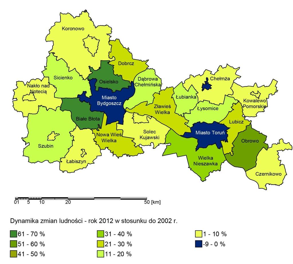 Mapa 19. Dynamika zmian ludności na terenie BTOF w okresie 2002-2012r. Źródło: Opracowanie własne na podstawie danych GUS Dzietność w podregionie bydgosko-toruńskim w 2012 r. wyniosła 1,185.