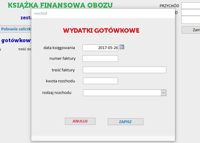 Po wprowadzeniu przychodów i kosztów zamykamy formularz zestawienie wydatków.