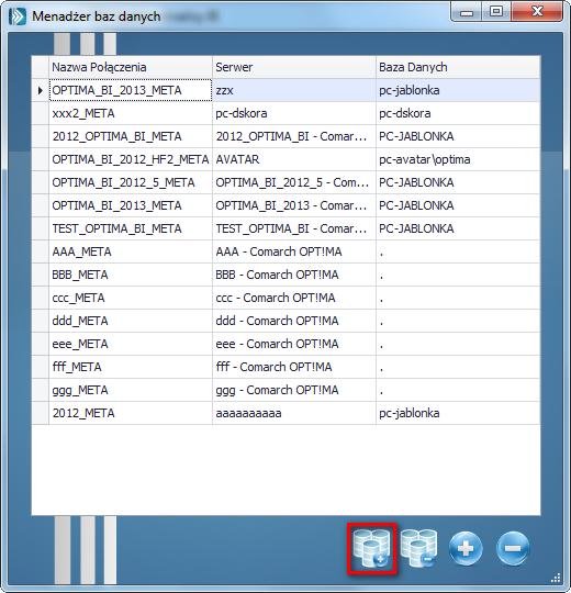 Rysunek 8 Okno Menadżera Baz Pozostałe przyciski to odpowiednio: Usuń bazę i wszystkie jej połączenia usuwa połączenie z listy oraz fizyczną bazę Analiz BI z SQL Servera Dodaj połączenie tworzy nowe
