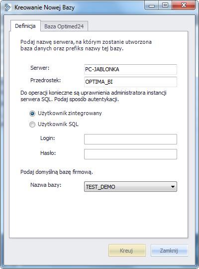 Rysunek 9 Okno kreatora nowej bazy UWAGA: Kreowanie baz musi mieć miejsce na serwerze, na którym