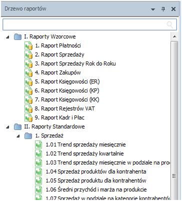 Rysunek 17 Drzewo raportów standardowych Poza raportami standardowymi znajdują się tam również raporty wzorcowe (źródłowe). Są one jedynie szablonami służącymi do tworzenia właściwych raportów.