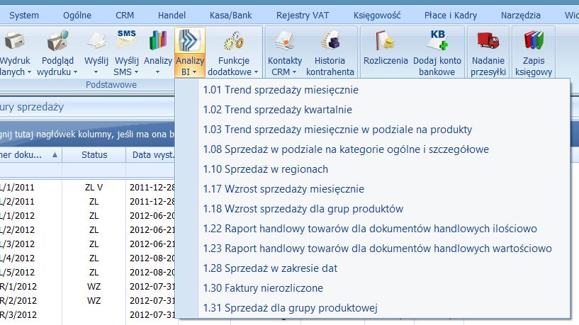 Rysunek 18 Raporty kontekstowe w menu Comarch ERP Optima W przypadku niektórych raportów zawierających elementy wyświetlane na liście w programie Comarch ERP Optima zostaną one