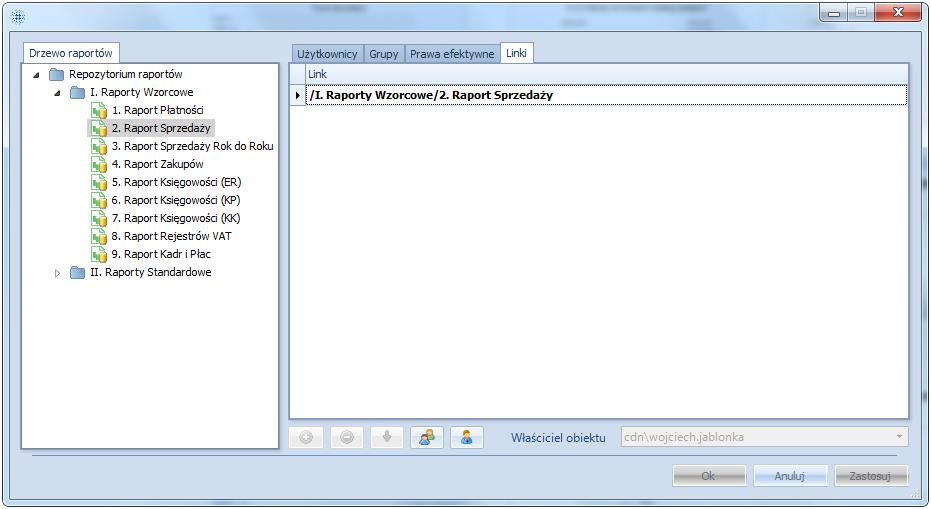 Rysunek 36 Karta Linki UWAGA: W celu sprawdzenia jacy użytkownicy rzeczywiście mają prawa do obiektu należy patrzeć na zakładkę prawa efektywne. 3.2.