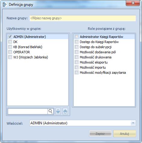 Rysunek 39 Lista wyboru członków grupy. UWAGA: Użytkownik posiadający status administratora widzi na liście grupy należące do wszystkich użytkowników systemu.