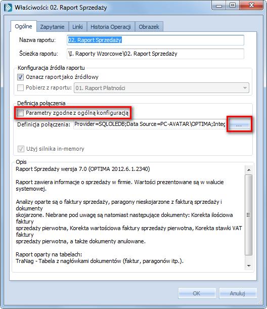 Rysunek 47 Okno właściwości raportu Otworzy się nowe okno, w którym można wybrać bazy, na