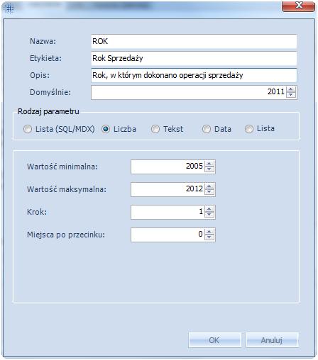 3. Wybrać parametr typu liczba, podać jego nazwę i ustawić odpowiednie właściwości jak na rysunku poniżej.