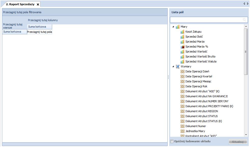 3.3.2 Edycja raportu Po otwarciu nowego raportu otrzymamy tabelę przestawną do przeprowadzania analizy oraz listę miar i wymiarów.