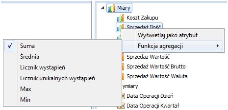 3.3.2.2 Funkcje agregacji miar Domyślnie każda miara wykorzystywana w raporcie używa sumy jako funkcji agregacji elementów.