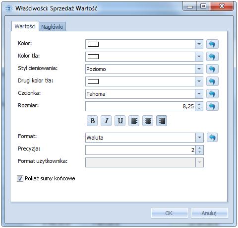 Dla miar na zakładce Nagłówki znajdują się opcje do edycji nagłówka miar analogiczne do samych wartości danych.