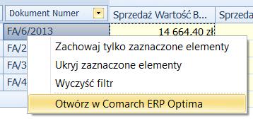 Wybranie jej spowoduje otworzenie w programie Comarch ERP Optima okna powiązanego z danym elementem, np. dla nazwy kontrahenta zostanie otworzona jego karta.