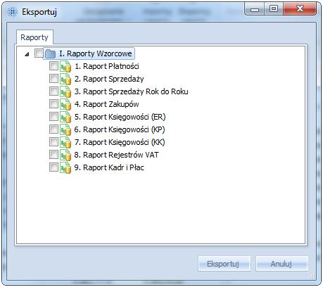 Rysunek 118 Okno eksportu raportów Po kliknięciu przycisku Eksportuj, w standardowym oknie zapisu pliku XML użytkownik może określić nazwę pliku i jego położenie.
