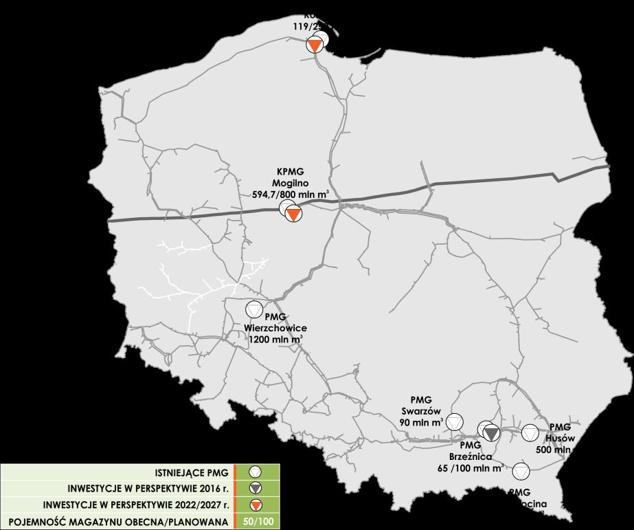 Rysunek 4. Lokalizacja podziemnych magazynów gazu Tabela 3. Maksymalne zdolności instalacji magazynowych w sezonie 2015/2016 Magazyn Pojemność czynna Ma.